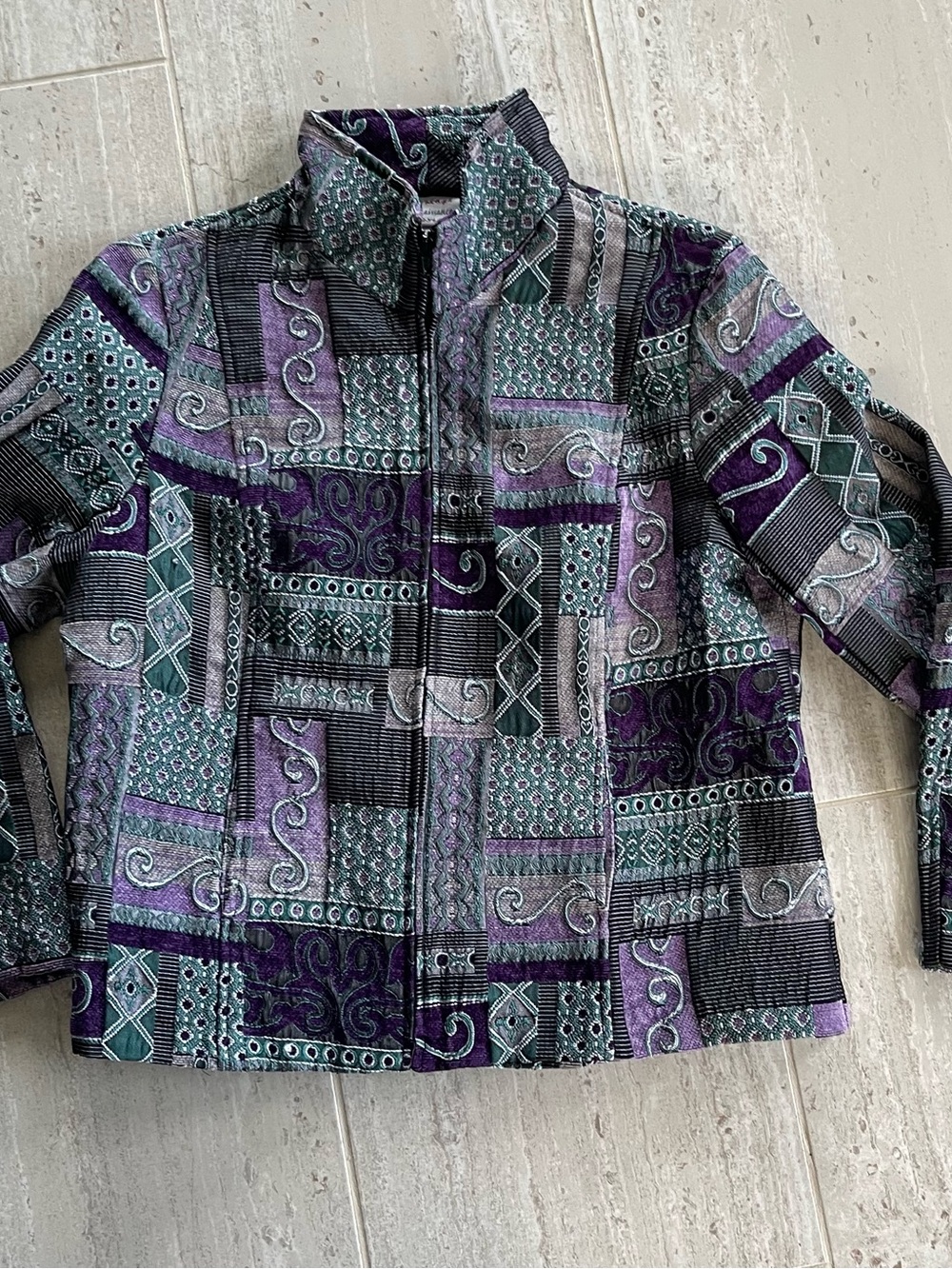 Patchwork Print Zip-Front Jacket in Purple & Teal